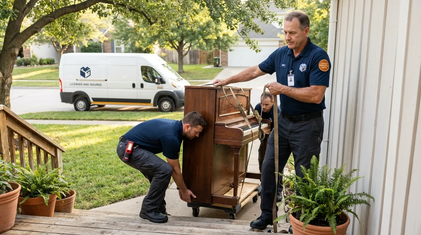 Licensed piano movers securing grand piano in District Heights, MD