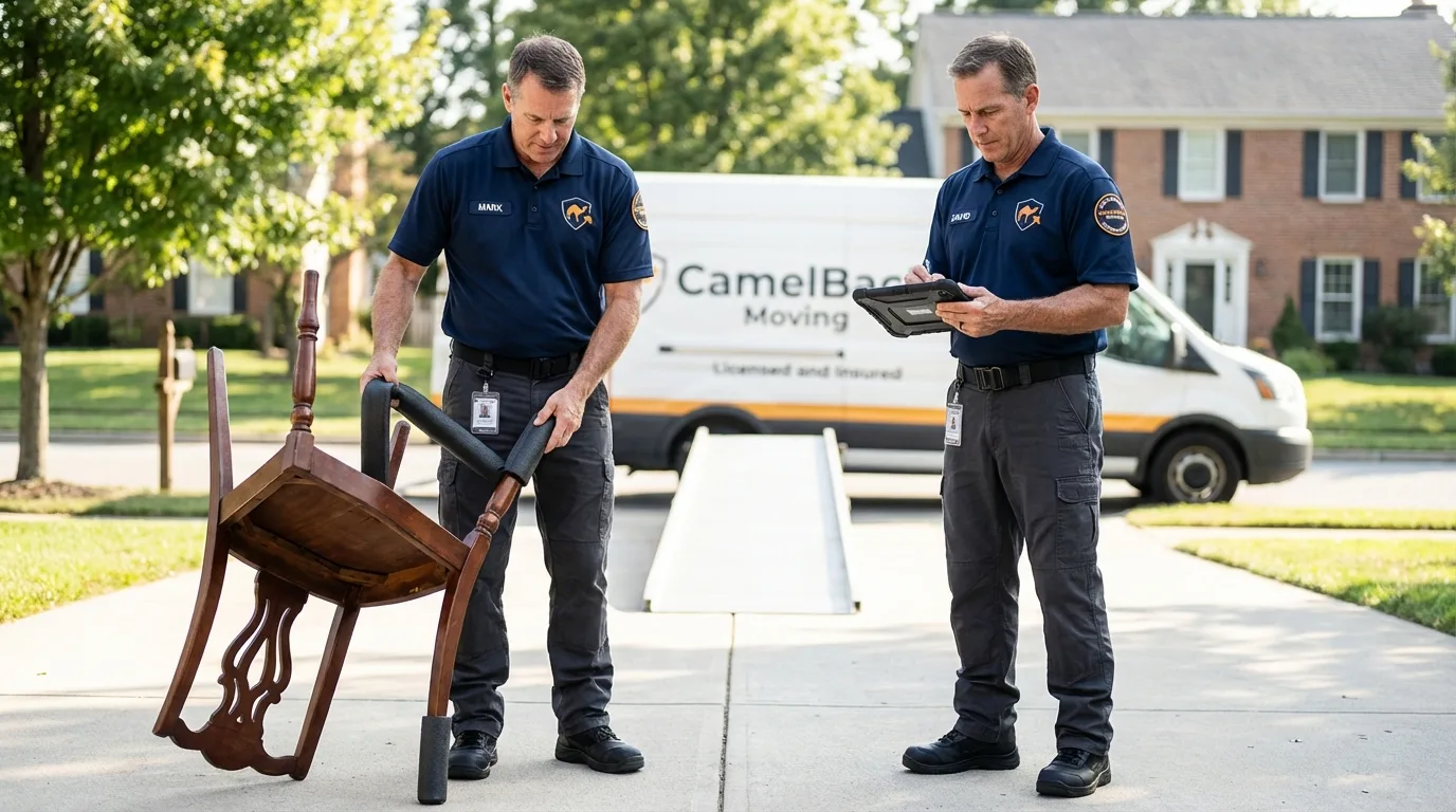 Movers inspecting furniture for damage prevention before loading in District Heights, MD