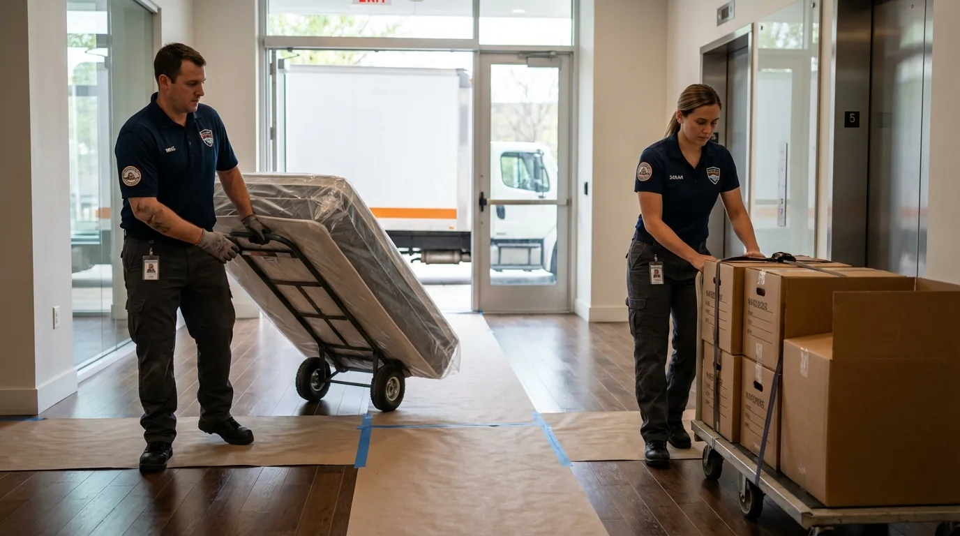 Professional apartment movers loading elevator in District Heights, MD
