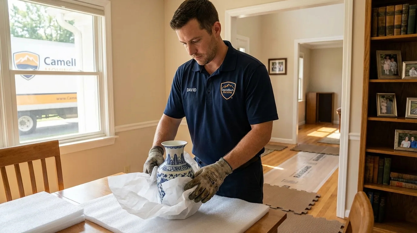 Professional crew carefully wrapping antique vase for senior downsizing move in District Heights, MD