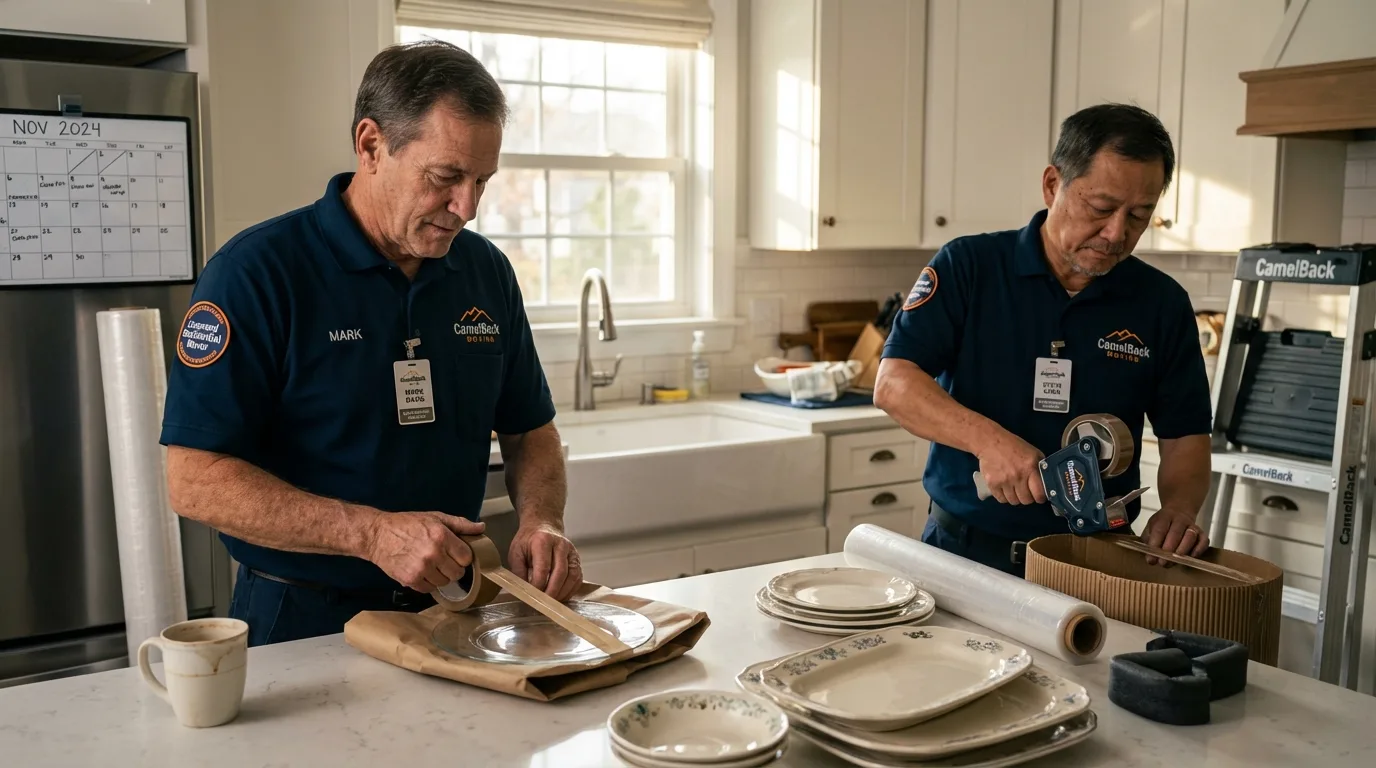 Professional crew packing kitchen dishware in District Heights, MD